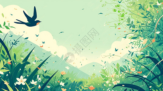 春天雨中绿色调美丽的卡通植物场景插画图片