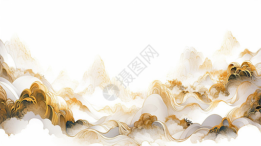 古风黄金色优雅大气的大理石卡通山水画高清图片