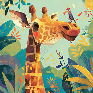 森林中可爱的卡通长颈鹿背景图片