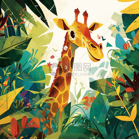 森林中可爱的卡通长颈鹿图片