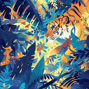 藏在丛林中可爱的卡通老虎插画背景图片