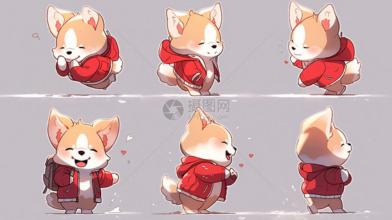 穿着红色外套可爱的卡通小狗各种表情与动作图片