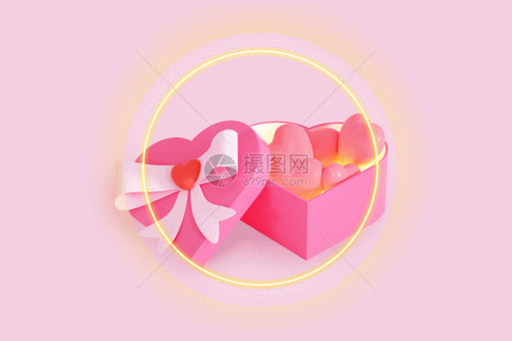创意C4D情人节礼盒里的爱心GIF图片