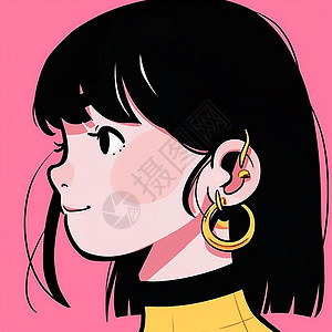 粉色背景上戴着耳环的时尚卡通女孩图片