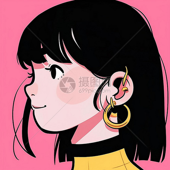 粉色背景上戴着耳环的时尚卡通女孩图片