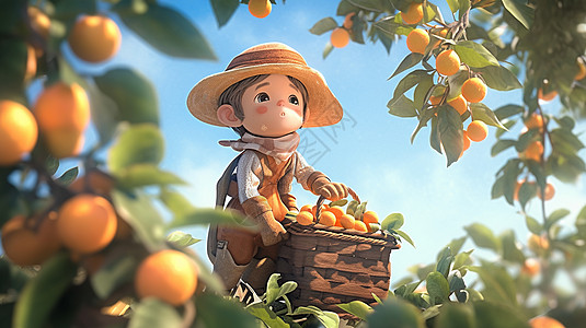 正在摘果子劳动的可爱卡通小男孩粘土风高清图片