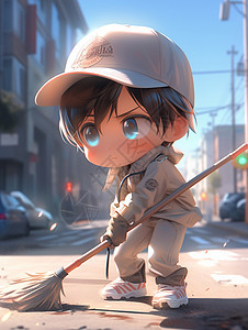 在街道上正在劳动扫地的卡通小男孩图片