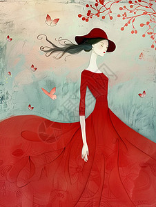 简约油画风穿着红色长裙的复古卡通女人插画图片