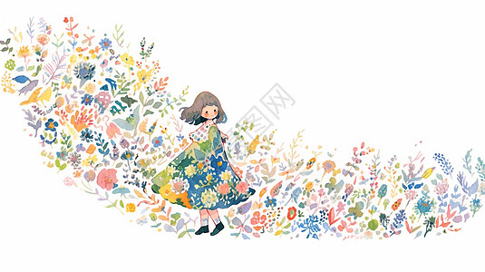 穿着花裙走在花丛中的可爱的卡通小姑娘图片