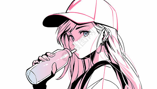 戴着棒球帽喝饮料时尚的卡通女孩头像背景图片