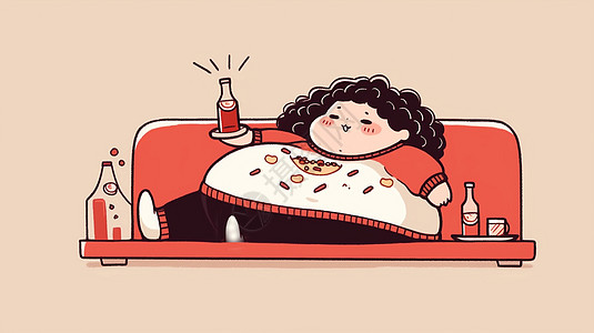 宅在沙发上胖乎乎可爱的卡通女孩在吃东西喝饮料图片