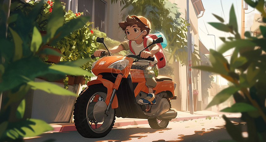 在街道上认真骑摩托车的卡通小男孩图片