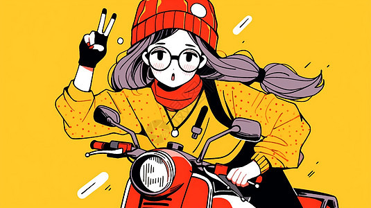 开心骑摩托车的可爱卡通小女孩图片