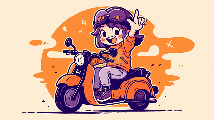开心骑摩托车的可爱卡通小女孩图片
