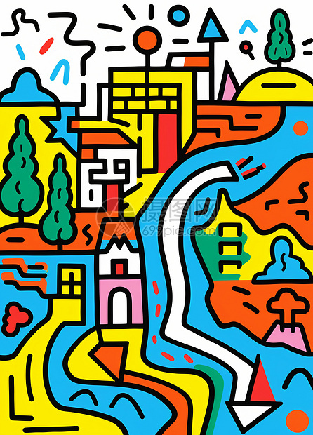 简约彩色粗线条抽象卡通山水房子风景画图片