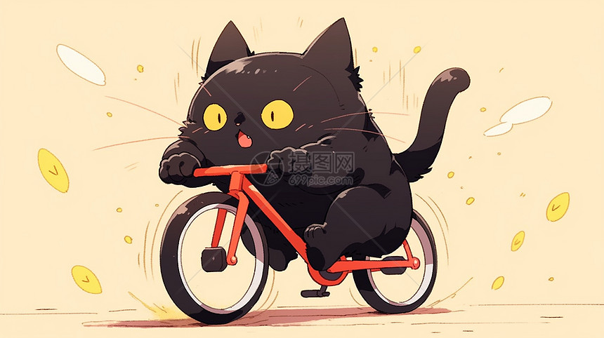 努力骑自行车的可爱卡通小黑猫图片