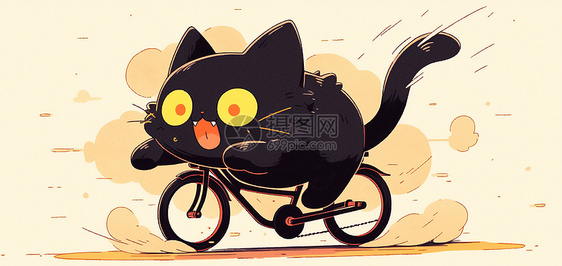 努力骑自行车的可爱卡通小黑猫图片