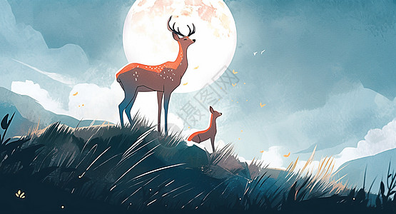 上玄月圆圆的月下两只可爱的卡通小鹿在山坡上赏月插画