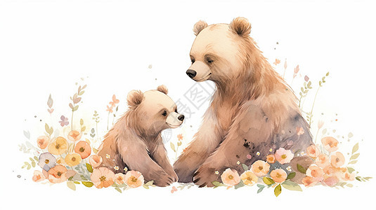 在花丛中几只可爱的卡通小棕熊图片