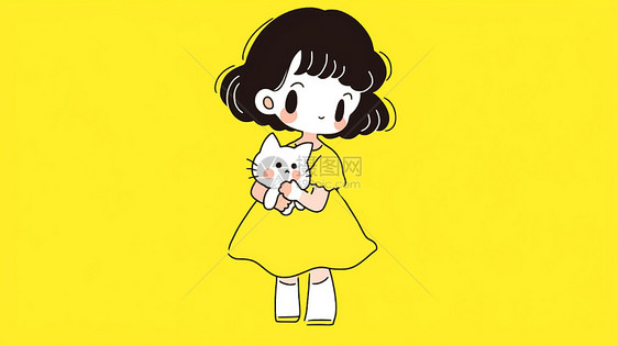 穿着黄色裙子抱着宠物猫的可爱卡通小女孩图片