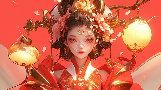 红色喜庆的古风服装的女人图片
