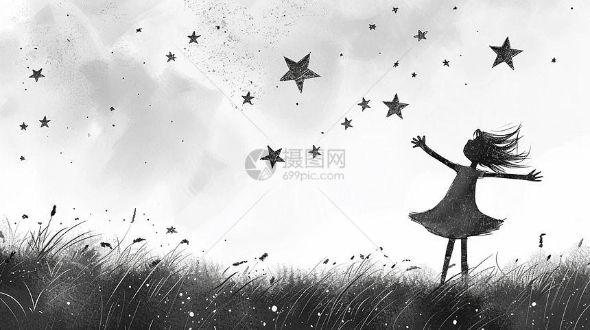 梦幻星空下开心笑可爱的卡通小女孩线稿图片