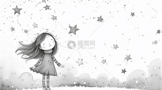 梦幻星空下的卡通小女孩线稿图片