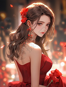 穿着红色礼物抱着红色花束的卡通公主图片