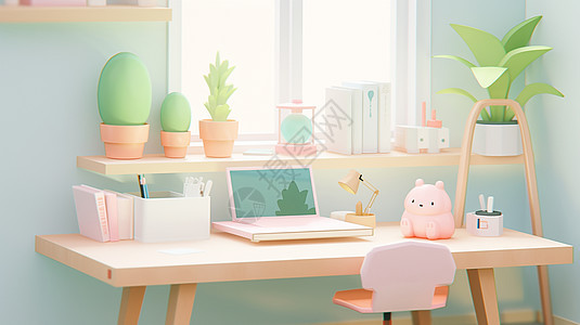 在窗边的可爱卡通学习桌放着电脑和盆栽背景图片