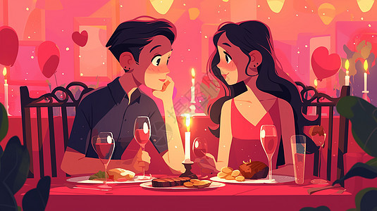 正在共进烛光晚餐的甜蜜的卡通青年情侣图片