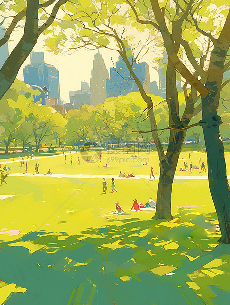 春天城市中一大片嫩绿色的卡通草地与树林图片