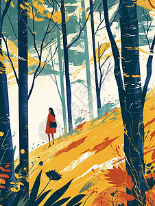 扁平风茂密的卡通树林中一个小小的女孩在玩耍图片