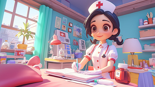 正在忙碌可爱立体的卡通护士背景图片