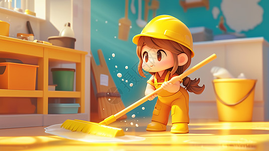 戴着黄色帽子正在努力打扫卫生的立体可爱卡通女孩图片