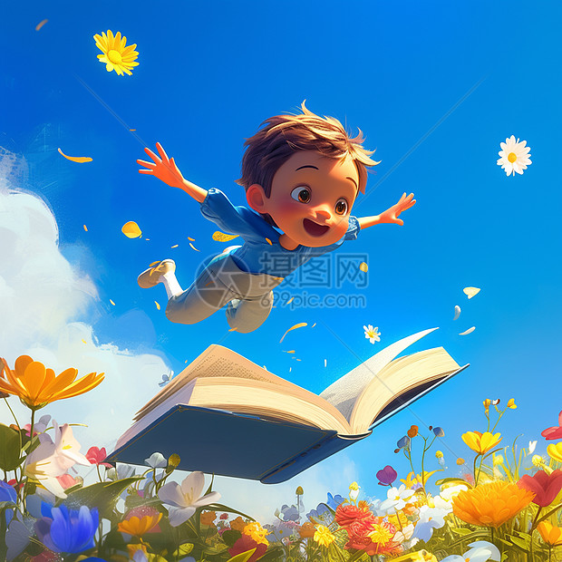 在花丛中开心飞舞的卡通男孩图片