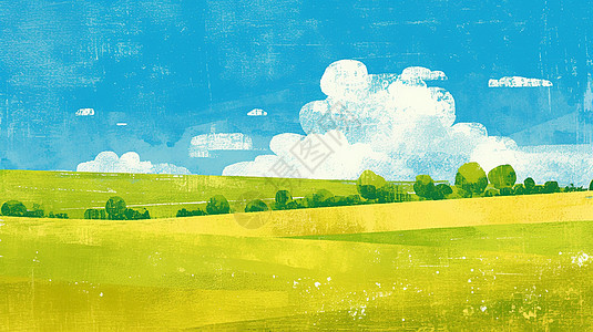 春天野外蓝天白云绿绿的草地唯美漂亮的卡通风景背景图片