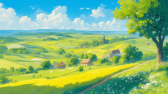 春天野外蓝天白云唯美漂亮的卡通风景图片