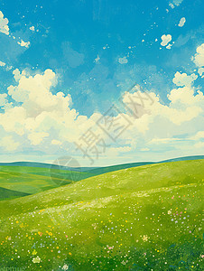 春天蓝蓝的天空下绿油油的山坡草地卡通风景图片