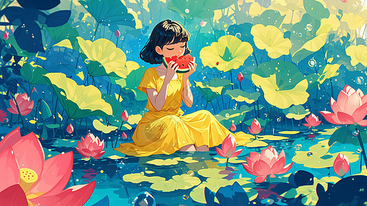 穿着裙子坐在荷塘中吃西瓜的卡通女孩背景图片