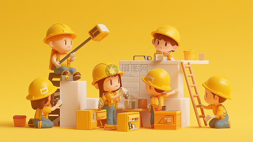 戴着黄色为头盔正在工地忙碌干活的卡通工人图片
