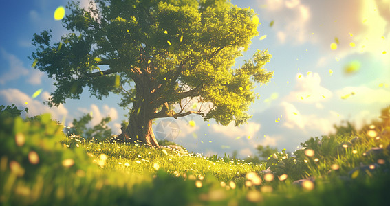 春天嫩绿的草地上一棵茂盛的卡通大树背景图片