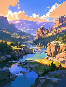 高高的山涧中一条清澈干净的小溪唯美卡通风景图片