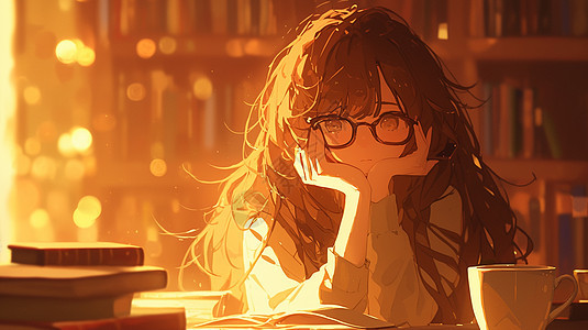 书桌前台灯下看书思考的长发卡通女孩图片