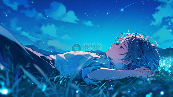 在草地上欣赏星空的男孩图片