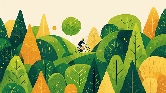 简约美丽的绿色调卡通森林中卡通人物在骑行背景图片
