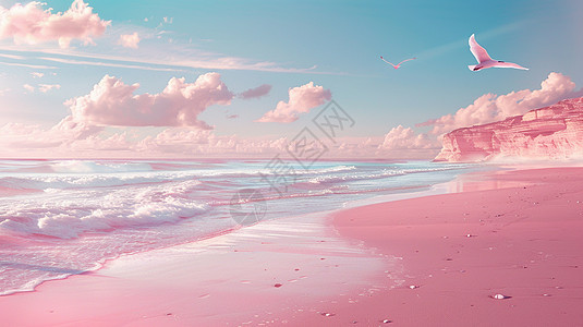 傍晚大海边浪漫的粉色卡通沙滩唯美卡通风景图片