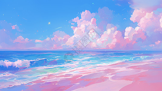 浪漫的粉色卡通沙滩唯美卡通风景背景图片
