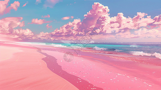 浪漫的粉色沙滩唯美卡通风景图片