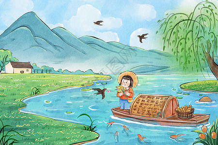 手绘水彩春天春季春分节气女孩坐船风景插画图片