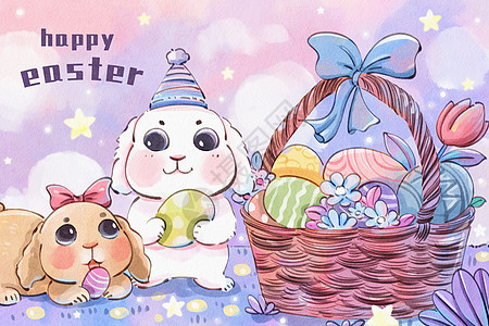 手绘水彩复活节之可爱的大兔子和彩蛋插画图片